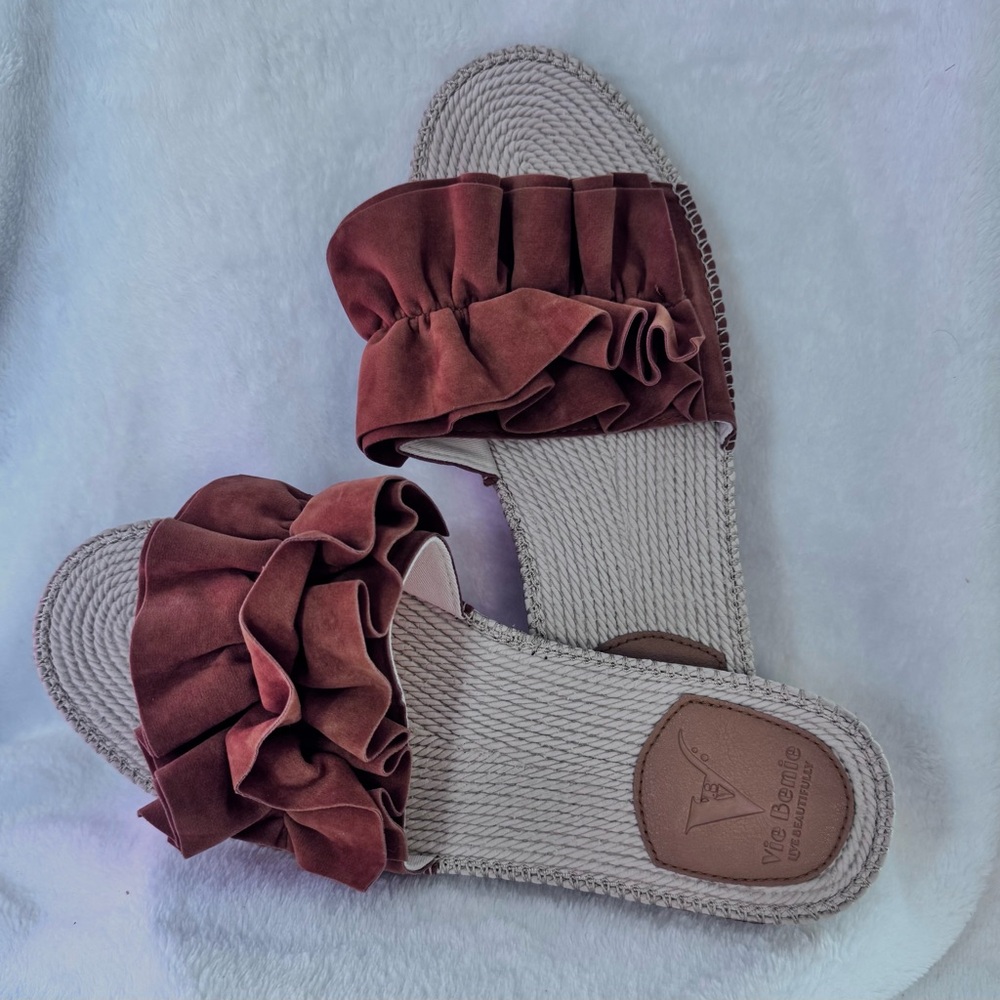Vie Benie Ruffle Slide Sandals Size 42 (US 10-10.5) Boho Espadrille Brown Summer - Picture 5 of 9